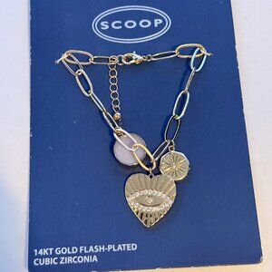 SCOOP 14KT Gold Flash-Plated Cubic Zirconia Heart Charm Bracelet